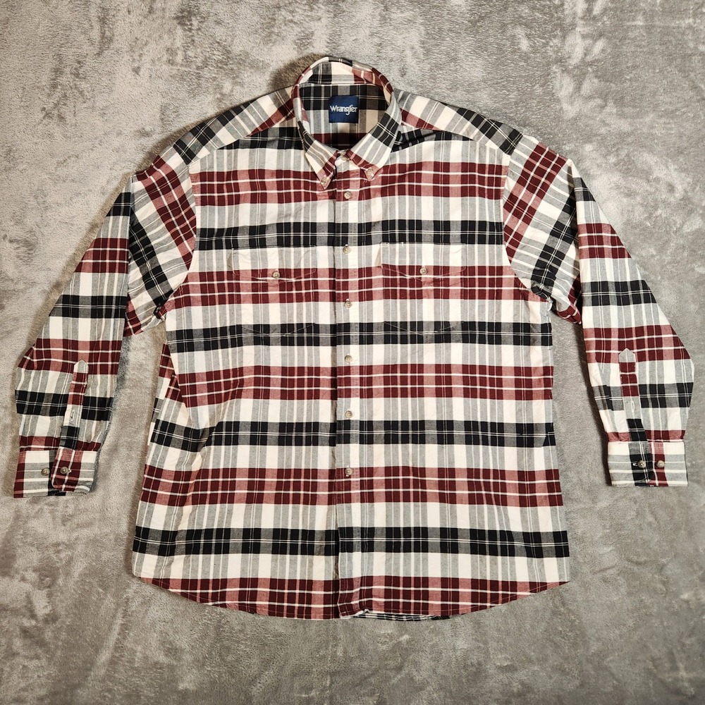 Wrangler Shirt Mens XL Maroon Black Plaid Button Down Excellent Long Sleeve